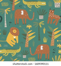 Cute seamless pattern with cute elephant, alligator, wild cat, cute lion and tropical plants. Vector texture in childish style great for fabric and textile, backgrounds.