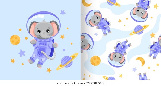 Cute seamless pattern with Elephant Astronaut, stars, moon and planets. Animal repeated vector illustration for nursery, poster, birthday greeting cards, baby shower or textile fabric