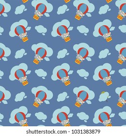 Cute seamless pattern of elephant and bear with hot air balloon in cartoon style.