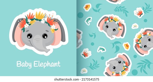 Cute seamless pattern with Elephant and flower crown. Animal repeated vector illustration for nursery, poster, birthday greeting cards, baby shower or textile fabric