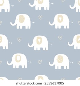 Cute seamless pattern with elephant. Kids design, Use for prints, textiles, fabric, wallpaper, stationery, nursery, wrapping paper, etc.