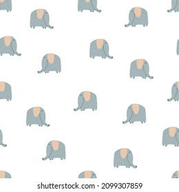 Cute seamless pattern with elephant in scandinavian doodle style. 