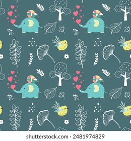 Cute seamless pattern with elephants, birds and leaves. Green background. Perfect for baby prints, home textiles, baby shower, fabric print, greeting card design and wrapping paper design.