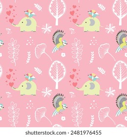 Cute seamless pattern with elephants, birds and leaves. Pink background. Perfect for baby prints, home textiles, baby shower, wallpaper, fabric print, greeting card design and wrapping paper design.