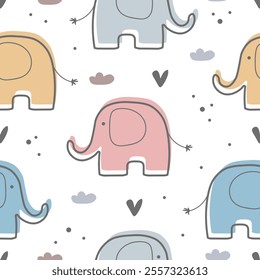 Cute seamless pattern with elephants, hearts and clouds. Kids flat design. Use for prints, textiles, fabric, wallpaper, stationery, nursery, wrapping paper, etc.