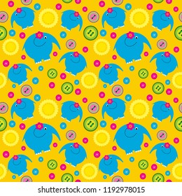 Cute seamless pattern with a elephants on a yellow background
