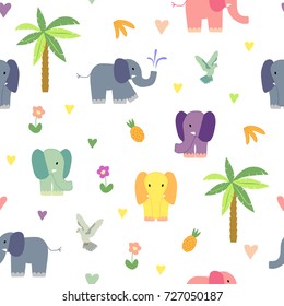 Cute seamless pattern with elephants, palms, flowers