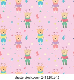 Cute seamless pattern with elk and cartoon elements. Pink background. Perfect for kids apparel, greeting card design, fabric print, baby shower, wrapping paper design and decor textiles.