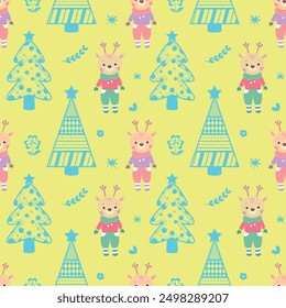 Cute seamless pattern with elk, Christmas trees and floral. Yellow background. Perfect for kids design, greeting card design, fabric print, wrapping paper design, cover design and decor textiles.