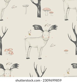 Cute seamless pattern with elk, mushrooms and trees. Hand drawn vector illustration.