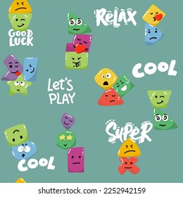 Cute seamless pattern with emoji and abstract geometric shapes in memphis style. Trendy vector background in white, blue, yellow and red colors