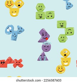 Cute seamless pattern with emoji and abstract geometric shapes in memphis style. Trendy vector background in white, blue, yellow and red colors