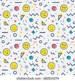 Cute Seamless Pattern With Emoji And Abstract Geometric Shapes In Memphis Style. Trendy Vector Background In White, Blue, Yellow And Red Colors.