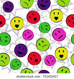 Cute seamless pattern with emoji. Outline style. Vector background with colorful emoticons