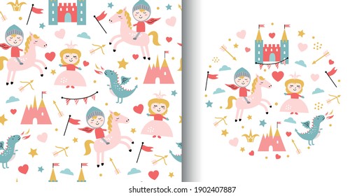 Cute seamless pattern with enamored knight and princess. Kingdom, dragon, princess, crown, castle, love, arrow, bow, cloud. Vector background.