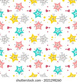 Cute seamless pattern with enamoured stars with happy faces, joyful eyes, arms and legs. Print with characters, couple with hearts