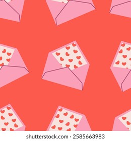 Cute seamless pattern with envelopes, hearts and cards. Vector illustration in flat style, hand drawn doodle.	