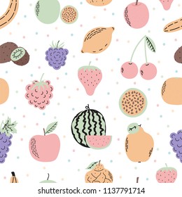 Cute seamless pattern with exotic fruits. Cartoon tropical fruits and berries. Colorful healthy food background. Organic food. Vector illustration