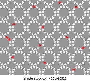 Cute seamless pattern expressing feelings of tenderness and affection, romantic hearts in circles in gray and red colors, eps10