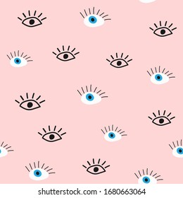 Cute seamless pattern with eyes drawn by hand. Doodle, sketch. Girly vector illustration.