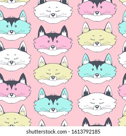 Cute seamless pattern with face foxs.