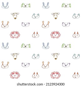 Cute seamless pattern with the faces of different animals. Cartoon muzzles of cat, dog, sheep, lamb. The heads of a bear, fox, hare or rabbit. Funny faces of squirrel, giraffe and cow. Nursery design.