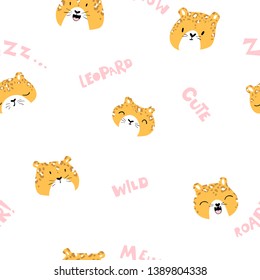 Cute seamless pattern. Faces of a leopard, different characters and various words. Vector illustration in scandinavian style, great for children's clothes, fabric, textile, wallpapers, nursery