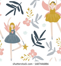 Cute seamless pattern with fairies. Fabric design for girls. Vector kids illustration