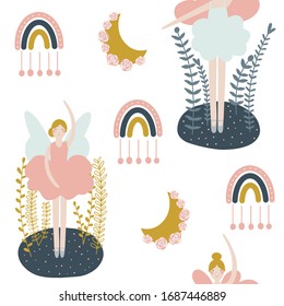 Joli motif harmonieux de fées. Conception de tissus pour filles. Illustration vectorielle enfants