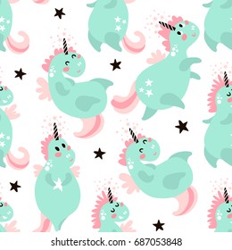 Cute seamless pattern with fairy mint unicorns. Childish texture for fabric, textile. Scandinavian style. Vector Illustration