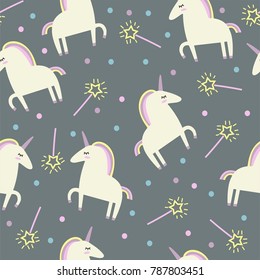 Cute seamless pattern with fairy tale unicorns and magic wand. Vector background.