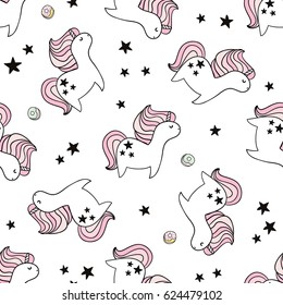 Cute seamless pattern with fairy unicorns and donuts. Childish texture for fabric, textile. Scandinavian style. Vector Illustration