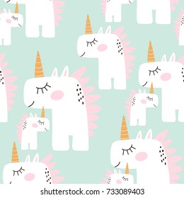 Cute seamless pattern with fairy unicorns. Childish texture for fabric, textile. Scandinavian style. Vector Illustration