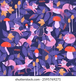 Cute seamless pattern with fairytale foxes in autumn forest