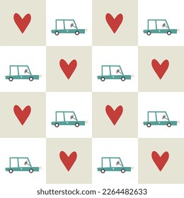 Cute seamless pattern with fancy cars and hearts. Lovely background with chess cage. 