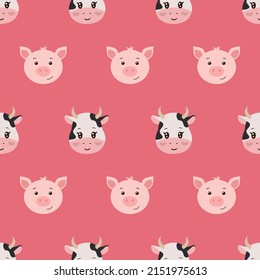 Cute seamless pattern with farm animals on pink background. Cow and pig in flat style. Cartoon vector illustration for childish decoration clothes, greeting cards, fabric print, wrapping, wallpapers.