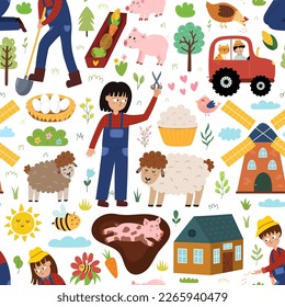 Cute seamless pattern with farm animals and kids farmers. Girl shearing sheep, tractor, pig in mud, windmill. On the farm background in cartoon style for fabric and textile. Vector illustration