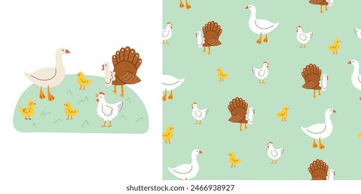 Lindo patrón sin fisuras con aves de granja. Conjunto de estampado y patrón lindo infantil con pavo, pollo y ganso. Perfecto para tela, textiles y estampados. Ilustración vectorial infantil dibujada a mano.