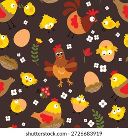 Niedliches nahtloses Muster mit Hühnern und Eiern auf dem Hof