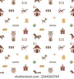 Cute seamless pattern with farm items in scandinavian style. Cartoon print for wallpaper and bedding to design a nursery, playroom or children's bedroom. Background for board game