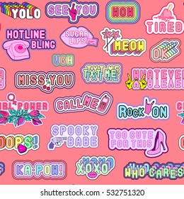 Cute seamless pattern with fashion patch badges with slang words, phrases, abbreviations, emotions, lips, hearts and other elements. Stickers and pins in quirky girlish cartoon style of 80s-90s. 