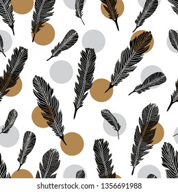 Cute seamless pattern with feather. Gold and silver polka dots.Can be used for wallpaper, pattern fills, web page background, surface textures.