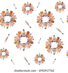 Cute seamless pattern of feather wreath and arrows in boho style. Background for textile and kids goods. Vector illustration