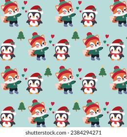 Cute seamless pattern features a playful fox, a penguin, and a festive Christmas tree on a blue background.