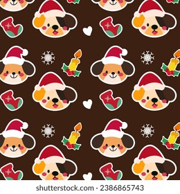 Cute seamless pattern features playful puppies, flickering candles, and festive Christmas elements on a dark background. 