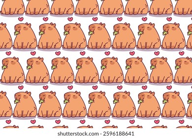  Cute seamless pattern featuring adorable capybaras eating leaves, surrounded by small hearts. Perfect for animal lovers, fabric prints, wallpapers, wrapping paper, and digital backgrounds.