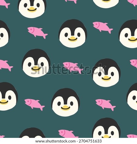 Cute seamless pattern featuring adorable penguin faces and pink fish on a dark teal background. Playful cartoon design perfect for kids products, fabrics, wallpapers, wrapping paper, and digital 