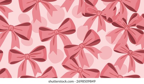 Cute seamless pattern featuring an array of pink bows and subtle polka dots on a soft, pastel background, ideal for textiles or festive decor.