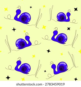 A cute seamless pattern featuring blue cartoon snails, stars, and grass lines on a soft yellow background.