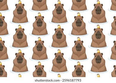 Cute seamless pattern featuring capybaras relaxing in water with rubber duckies. A fun and aesthetic design, perfect for wallpaper, fabric, and digital use.